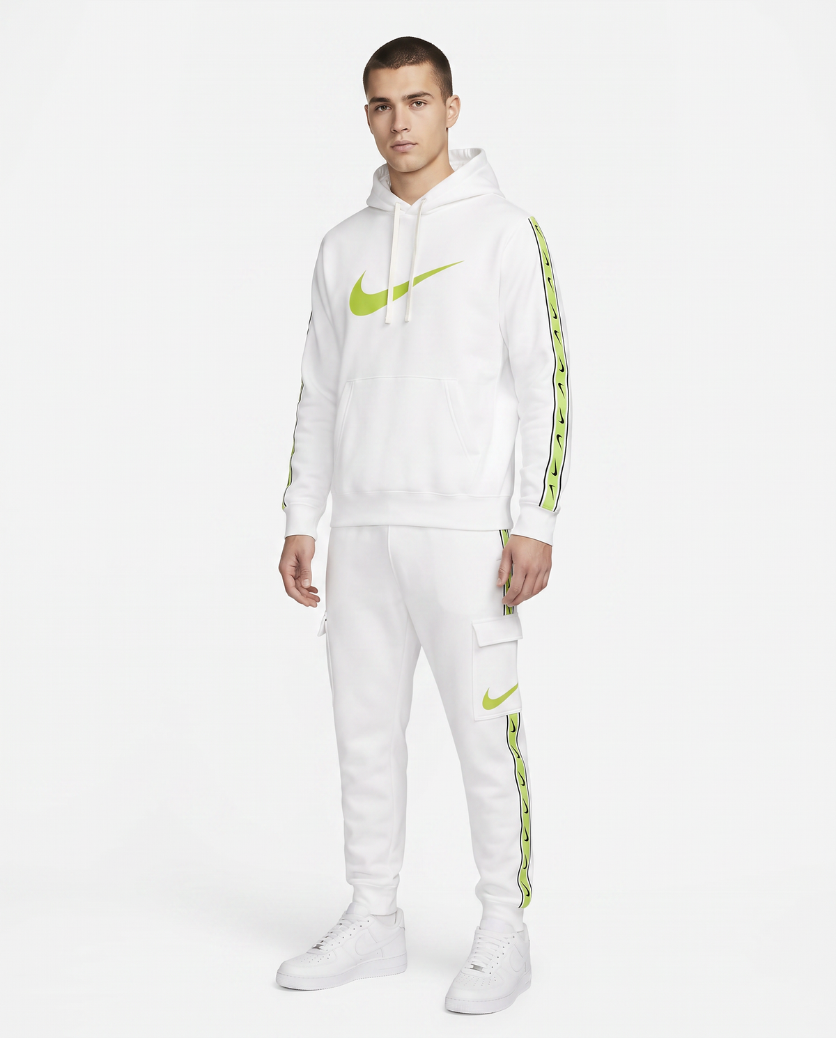 Chándal de algodón con capucha Nike — Blanco y verde lima