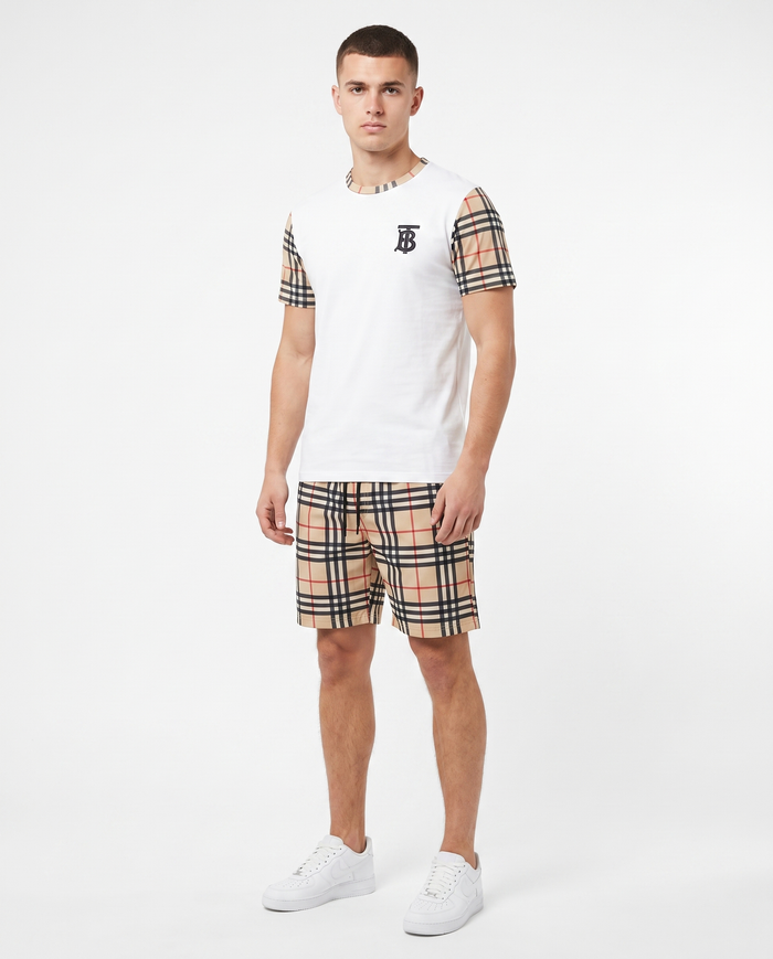 Conjunto camiseta y pantalón corto Burberry — Blanco y cuadros beige (modelo 2)