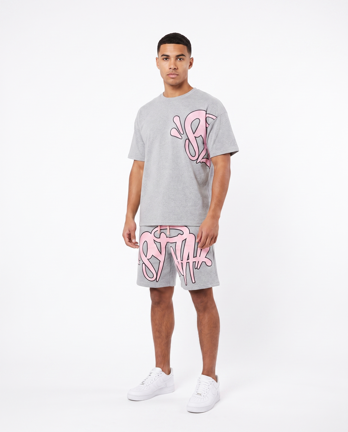 Conjunto camiseta y pantalón corto Syna World — Gris y rosa
