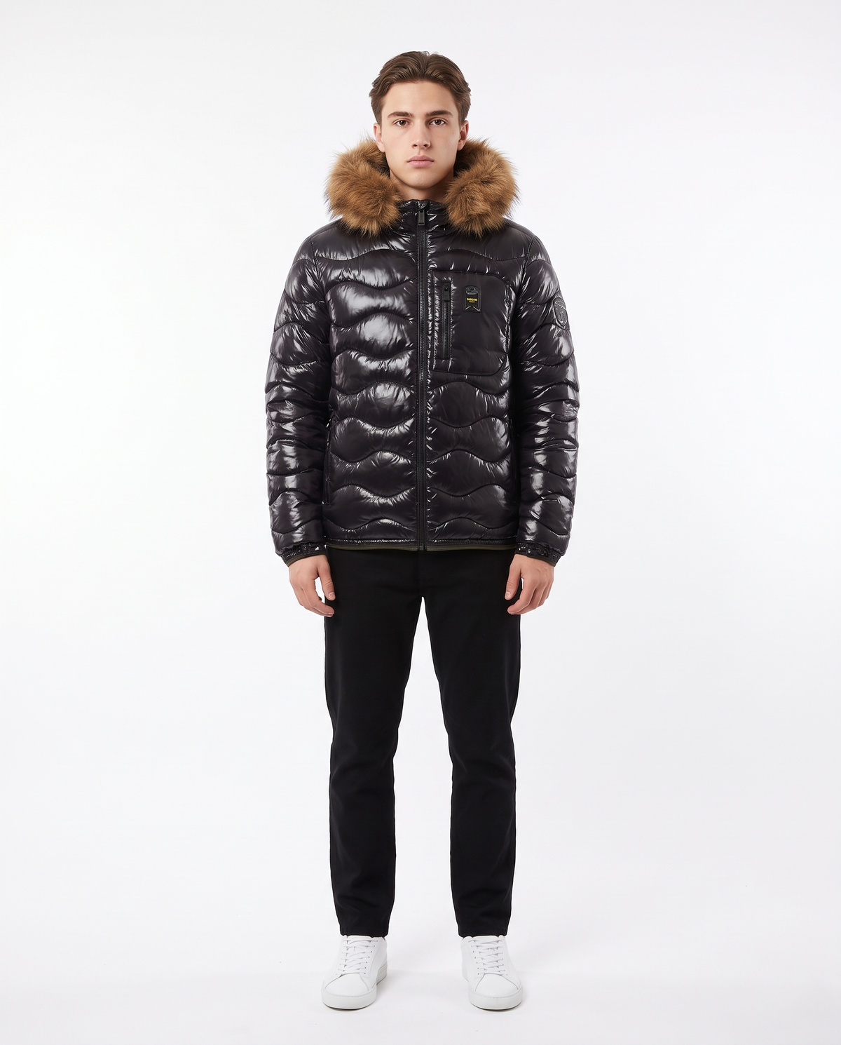 Chaqueta acolchada Blauer con capucha de pelo — Negro